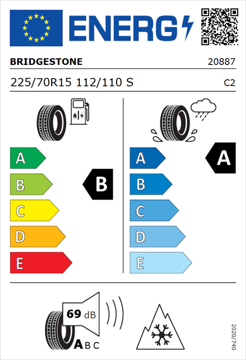 Tyre Label for Bridgestone Duravis Van 225/70R15 112/110S